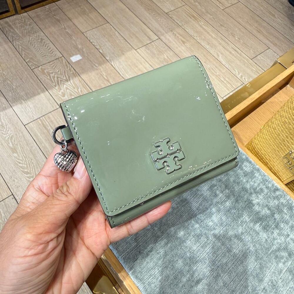 Tory Burch Britten Patent Charms Compact Wallet 180078 Light Jade $230